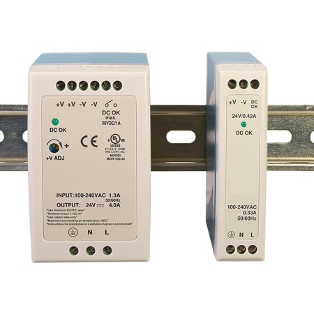 Power Supplies, Space Saving DIN Rail Mounting, 10 to 100Watt for 5, 12, 24 & 48 VDC