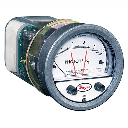 Pressure switch/gage, range 15-0-15" w.c.