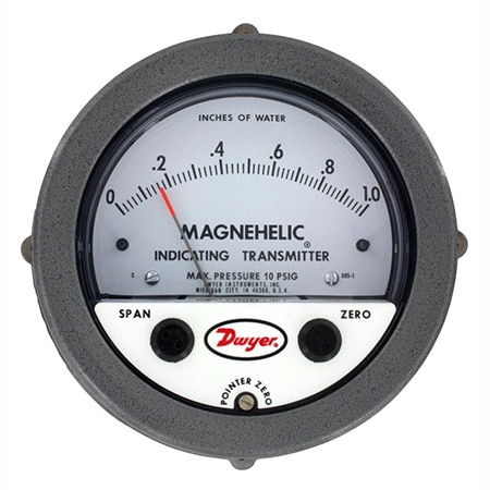 range 0-.50" w.c., max. pressure 10 psi (1.7 bar), ±2% electrical accuracy, ±3% mechanical accuracy.