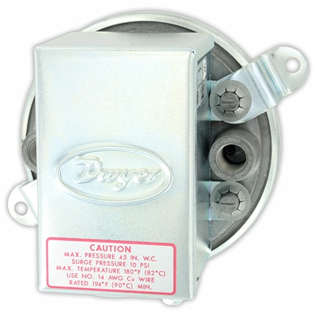 Differential pressure switch, range 3.0-11.75" w.c., approx. deadband @ min. set point 0.40, approx. deadband @ max. set point 0.40, with manual reset option.