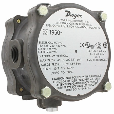 Differential pressure switch, range .4-1.6" w.c., approx. deadband @ min. set point 0.15, approx. deadband @ max. set point 0.20.