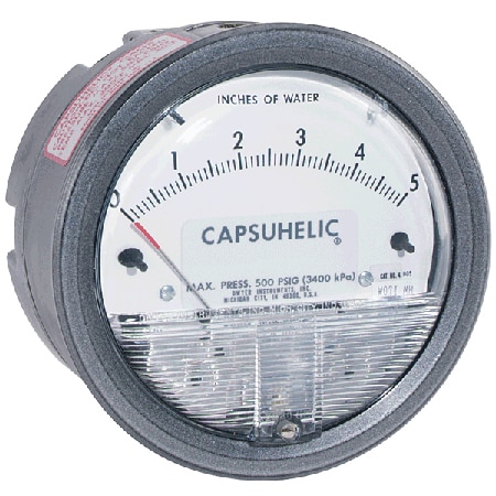 Differential pressure gage, range 0-5" w.c., for vertical scale position only.