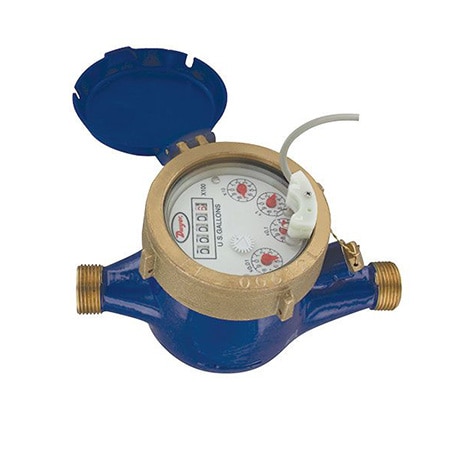 5/8" x 1/2" brass multi-jet water meter (GPM), with pulse output, 100 Gal/pulse.